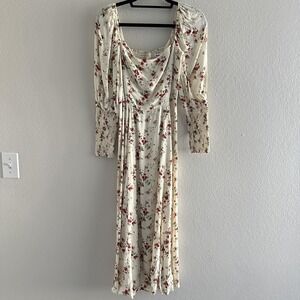 Reformation Floral Print Maxi Dress Womens 4 Ivory Red‎ Puff Sleeve Smocked